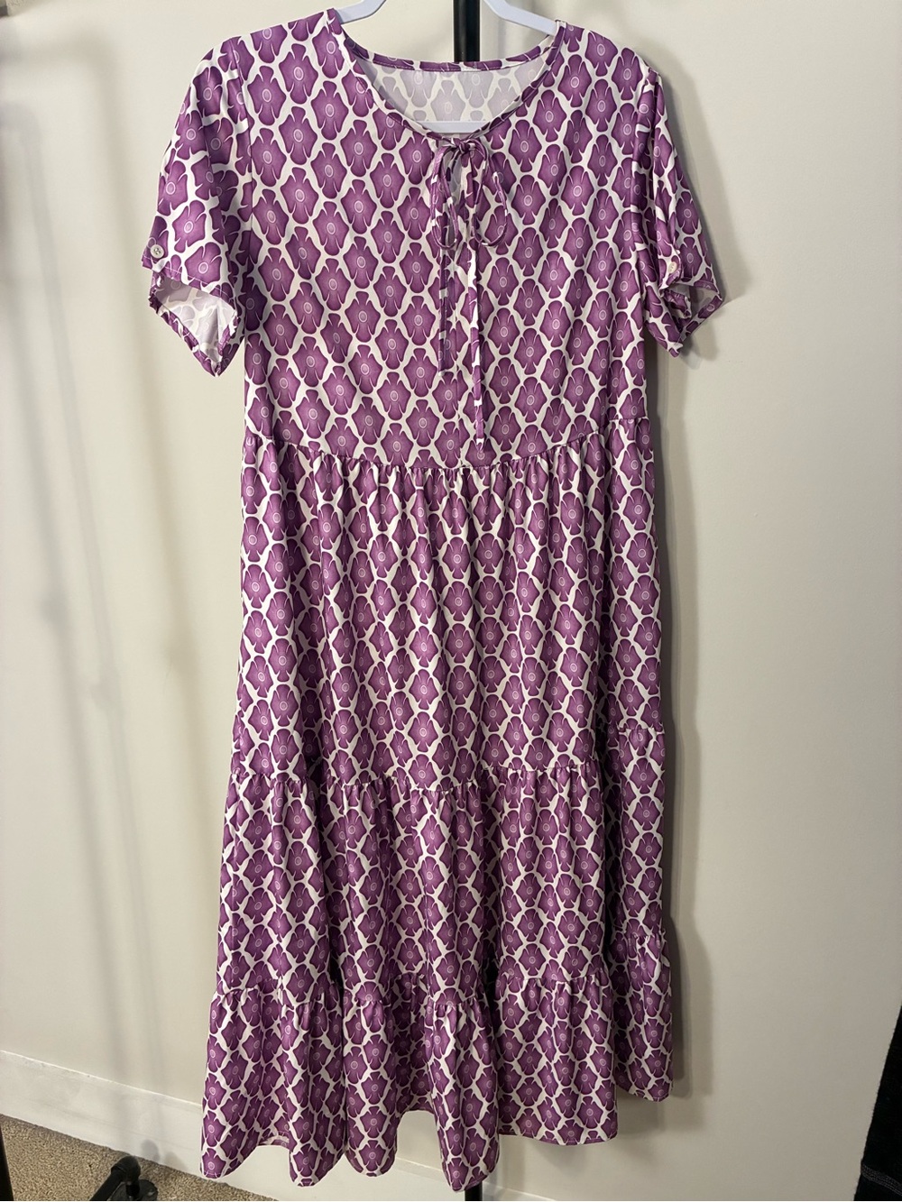 SHEIN Purple Floral Patterned Short-Sleeve Tiered Maxi Dress Small